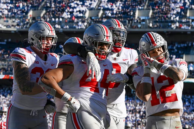 The Ohio State football team's defense after a pick six versus Penn State