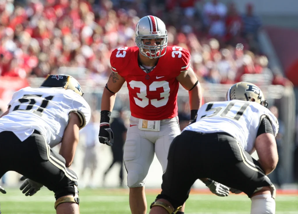 Oct 11, 2008; Columbus, OH, USA; Ohio State Buckeyes linebacker James Laurinaitis (33) in action against the Purdue Boilermakers at Ohio Stadium. Mandatory Credit: Matthew Emmons-USA TODAY Sports