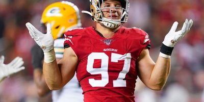 SANTA CLARA, CALIFORNIA - NOVEMBER 24: Nick Bosa #97 of the San Francisco 49ers celebrates after the sacked the quarterback against the Green Bay Packers during the first half of an NFL football game at Levi's Stadium on November 24, 2019 in Santa Clara, California. The 49ers won the game 37-8. (Photo by Thearon W. Henderson/Getty Images)