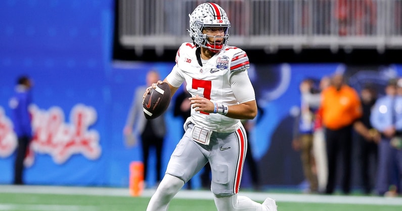 Ohio State Football Quarterback CJ Stroud in the Chick-fil-a Peach Bowl | (Kirkland/Getty Images)