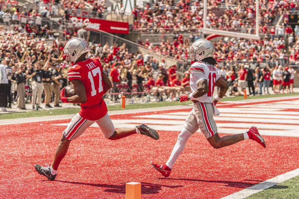 Carnell Tate scores touchdown for Scarlet in the Ohio State Spring Game | Image Credit: The Ohio State University Department of Athletics