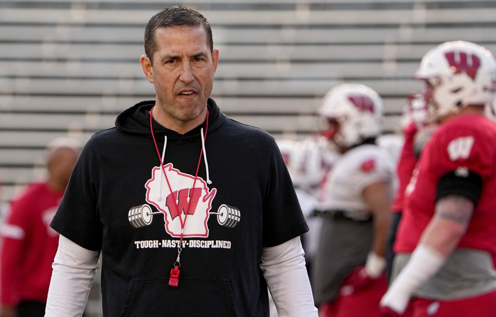 Apr 11, 2023; Madison, WI, USA; Wisconsin head football coach Luke Fickell is shown during practice Tuesday, April 11, 2023 at Camp Randall Stadium in Madison, Wis. Mandatory Credit: Mark Hoffman-USA TODAY Sports