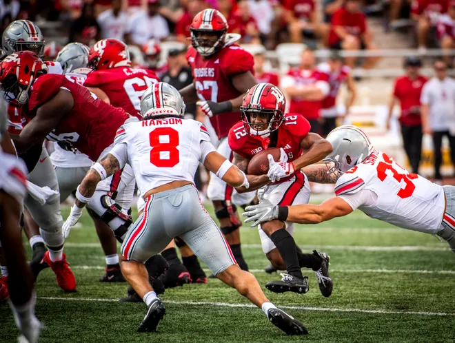 Indiana's Jaylin Lucas (12) runs during the first half of the Indiana versus Ohio State football game at Memorial Stadium on Saturday, Sept. 2, 2023