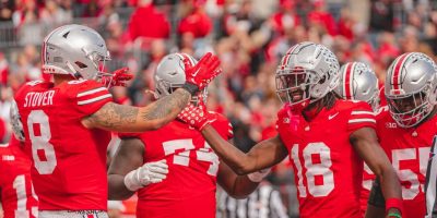 Marvin Harrison Jr and Cade Stover Celebrate a Touchdown for the Buckeyes | Image Credit: The Ohio State University Department of Athletics