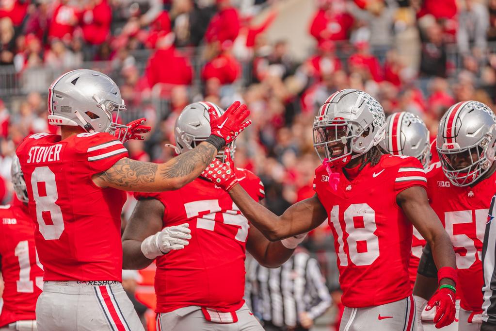 Marvin Harrison Jr and Cade Stover Celebrate a Touchdown for the Buckeyes | Image Credit: The Ohio State University Department of Athletics