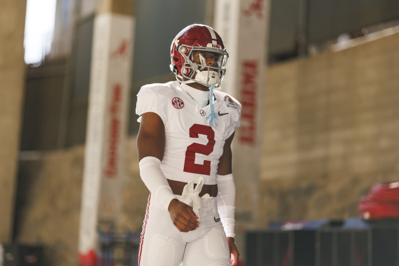 PASADENA, CALIFORNIA - JANUARY 01: Defensive back Caleb Downs #2 of the Alabama Crimson Tide walks to the field before the CFP Semifinal Rose Bowl Game against the Michigan Wolverines at Rose Bowl Stadium on January 1, 2024 in Pasadena, California. (Photo by Ryan Kang/Getty Images)