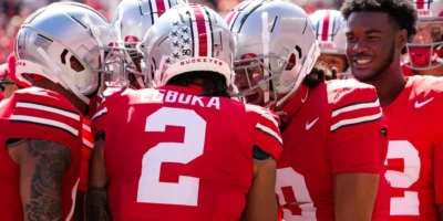 Sep 21, 2024; Columbus, Ohio, USA; Ohio State Buckeyes wide receiver Emeka Egbuka (2) celebrates with teammates after scoring a touchdown in the first quarter at Ohio Stadium on Saturday. | Photo Credit: Samantha Madar/Columbus Dispatch