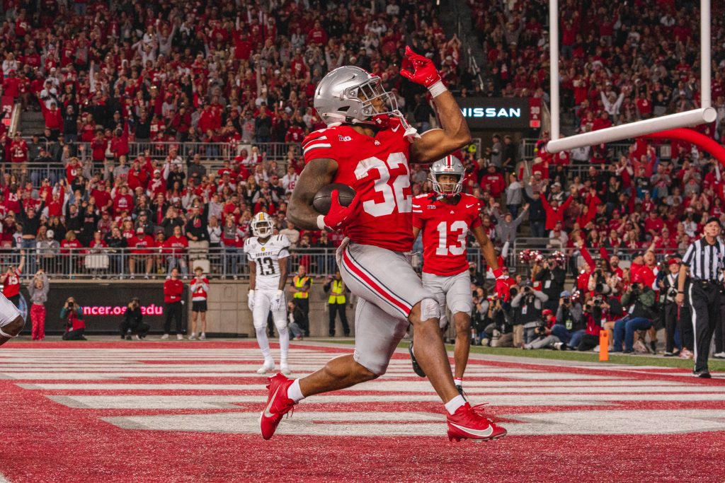 Ohio State Buckeyes RB TreVeyon Henderson scores a touchdown against Western Michigan | Image Credit: The Ohio State University Department of Athletics