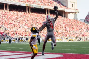 Ohio State WR Jeremiah Smith makes spectacular one-handed catch for a touchdown against Iowa | Image Credit: The Ohio State University Department of Athletics