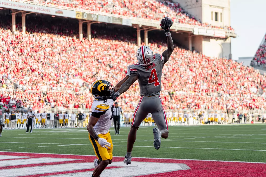 Ohio State WR Jeremiah Smith makes spectacular one-handed catch for a touchdown against Iowa | Image Credit: The Ohio State University Department of Athletics