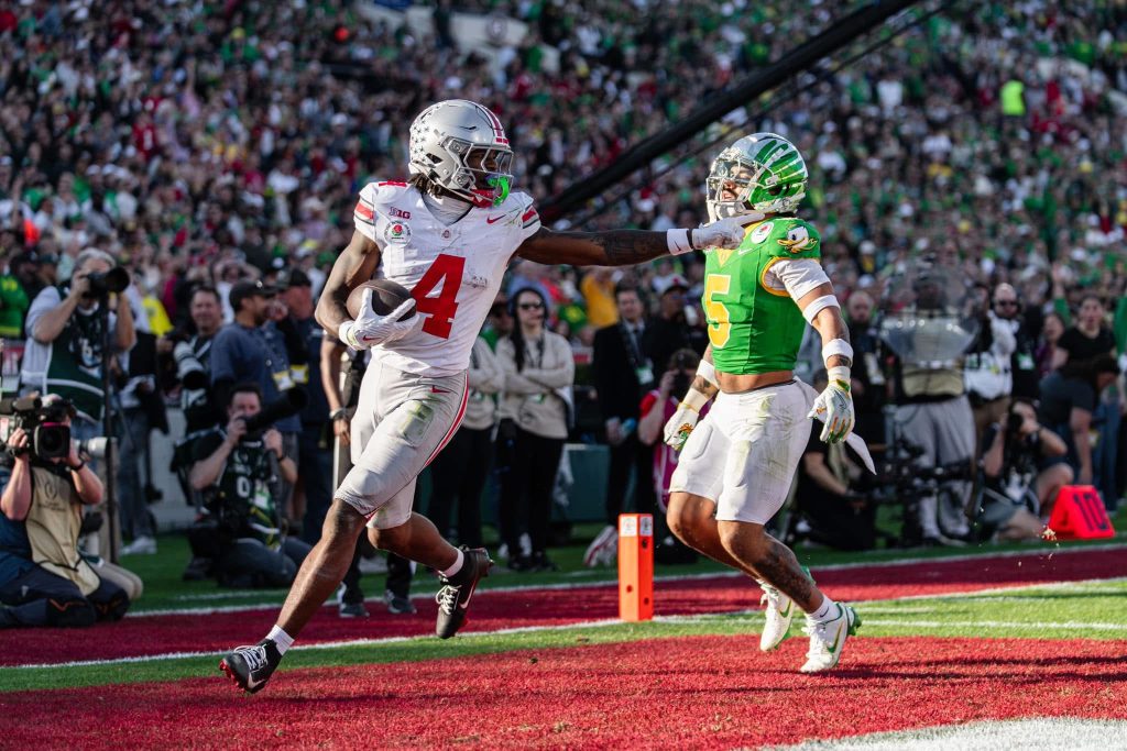 Ohio State freshman WR Jeremiah Smith scoring his second touchdown in the Rose Bowl CFP Quarterfinal against Oregon | Image Credit: The Ohio State University Department of Athletics