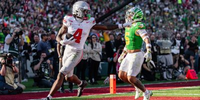 Ohio State freshman WR Jeremiah Smith scoring his second touchdown in the Rose Bowl CFP Quarterfinal against Oregon | Image Credit: The Ohio State University Department of Athletics