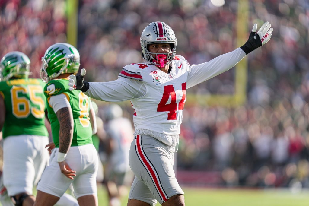 Ohio State DE JT Tuimoloau vs. Oregon in the Rose Bowl | Image Credit: The Ohio State University Department of Athletics