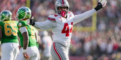 Ohio State DE JT Tuimoloau vs. Oregon in the Rose Bowl | Image Credit: The Ohio State University Department of Athletics