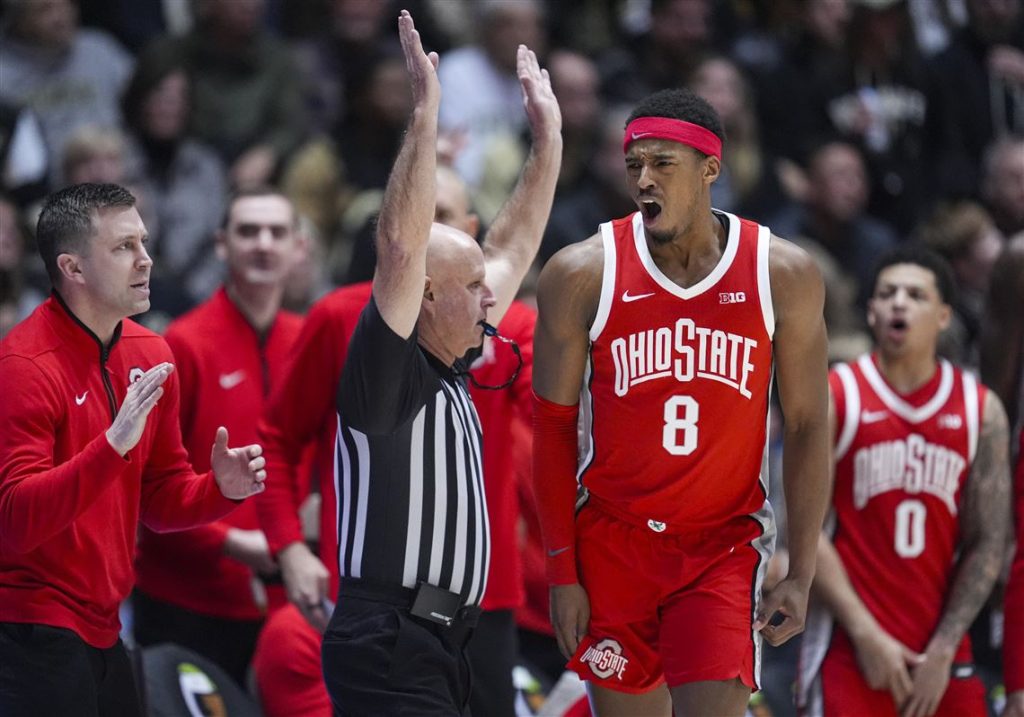 Ohio State guard Micah Parrish (8) celebrates after a three-point basket against Purdue. | Photo Credit: Associated Press