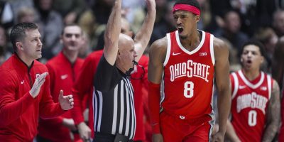 Ohio State guard Micah Parrish (8) celebrates after a three-point basket against Purdue. | Photo Credit: Associated Press