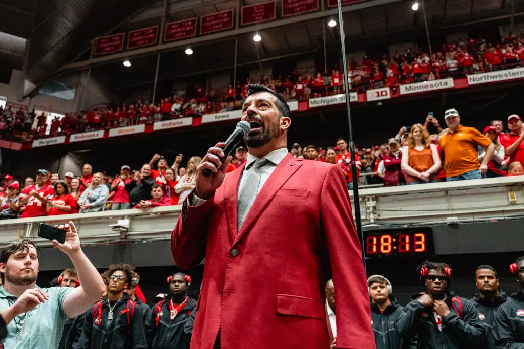 Ohio State head coach Ryan Day at Skull Session ahead of matchup against Texas | Image Credit: The Ohio State University Department of Athletics