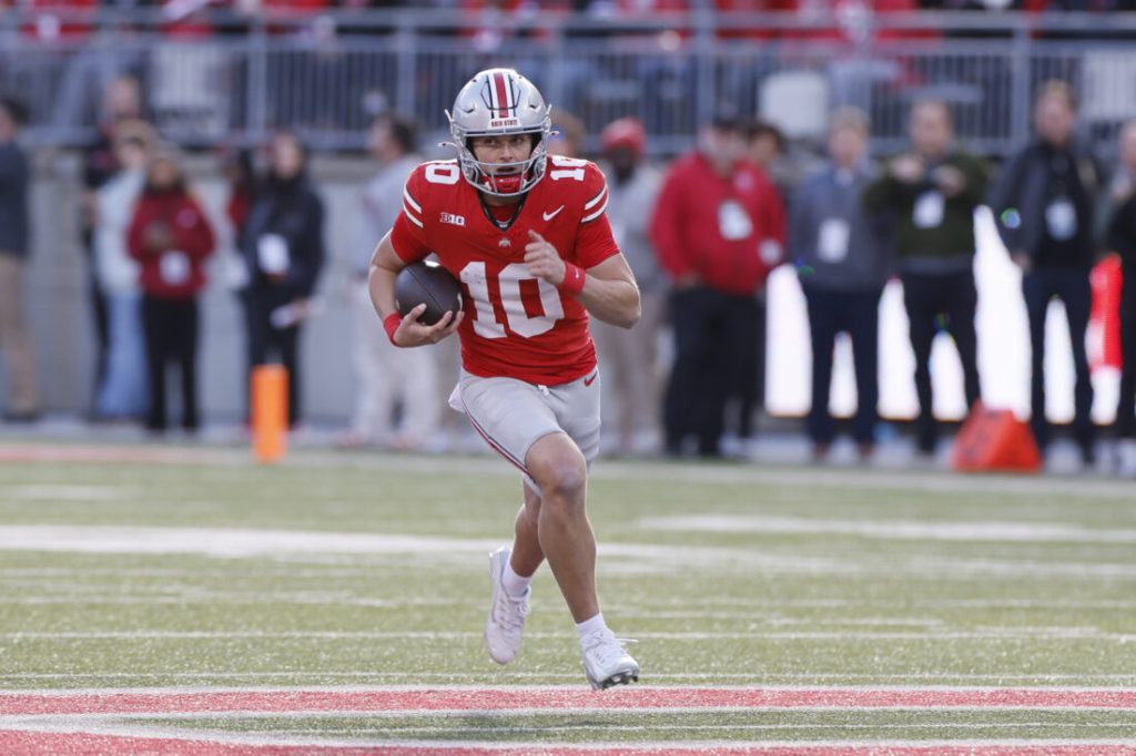 Ohio State quarterback Julian Sayin plays against Purdue during an NCAA college football game Saturday, Nov. 9, 2024, in Columbus, Ohio. (AP Photo/Jay LaPrete)