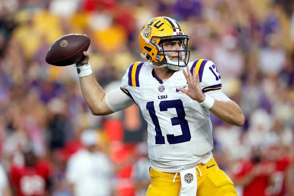 LSU quarterback Garrett Nussmeier (13) looks to pass during the first half of an NCAA college football game against Nicholls State in Baton Rouge, La., Saturday, Sept. 7, 2024. (AP Photo/Tyler Kaufman) (ASSOCIATED PRESS)