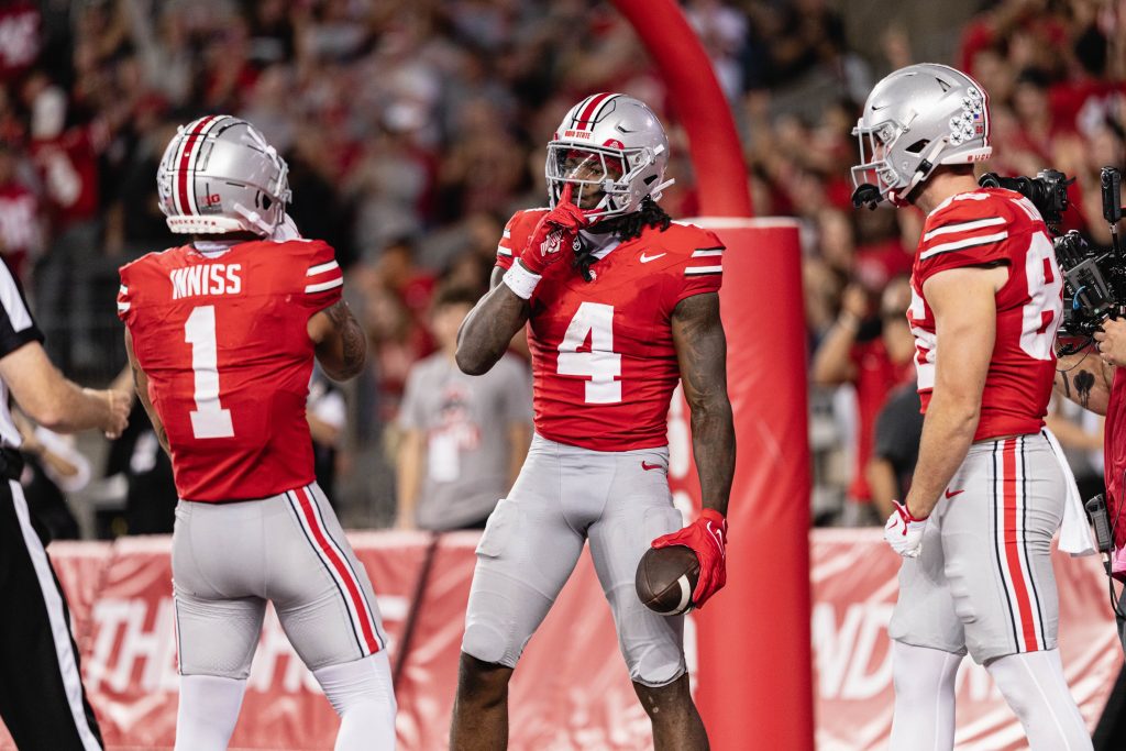 Ohio State WR Jeremiah Smith catches a touchdown against Ohio | Image Credit: The Ohio State University Department of Athletics