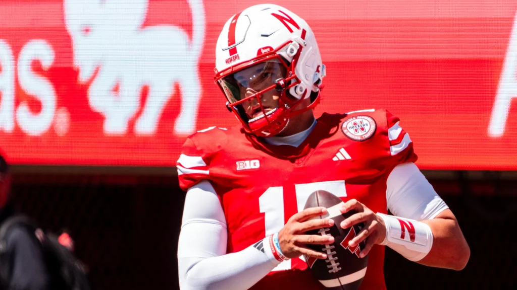 Aug 31, 2024; Lincoln, Nebraska, USA; Nebraska Cornhuskers quarterback Dylan Raiola (15) warms up before a game against the UTEP Miners at Memorial Stadium. / Dylan Widger-USA TODAY Sports