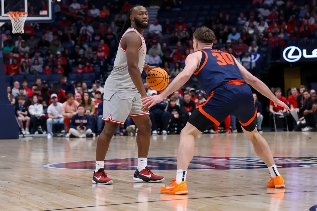 Feb 14, 2026; Nashville, Tennessee, USA; Ohio State Buckeyes guard Bruce Thornton (2) drives to the basket against the Virginia Cavaliers during the first half at Bridgestone Arena. Mandatory Credit: Steve Roberts-Imagn Images Steve Roberts, Steve Roberts-Imagn Images