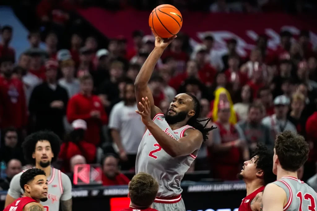 Ohio State Buckeyes guard Bruce Thornton (2) shoots the ball against the Wisconsin Badgers in the second half of the NCAA game at Value City Arena on Tuesday, Feb. 17, 2026 in Columbus, Ohio. Samantha Madar/Columbus Dispatch