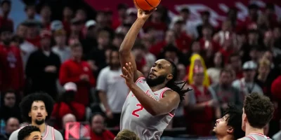 Ohio State Buckeyes guard Bruce Thornton (2) shoots the ball against the Wisconsin Badgers in the second half of the NCAA game at Value City Arena on Tuesday, Feb. 17, 2026 in Columbus, Ohio. Samantha Madar/Columbus Dispatch