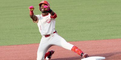 Ohio State second baseman Lee Ellis celebrates a double against Toledo | Image Credit: Ohio State Baseball/Ohio State Athletics