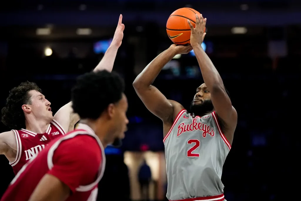 Ohio State Buckeyes guard Bruce Thornton (2) shoot the ball against Indiana Hoosiers in the second half of the NCAA game at Value City Arena on Saturday, March 7, 2026 in Columbus, Ohio. Samantha Madar/Columbus Dispatch