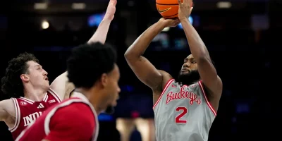 Ohio State Buckeyes guard Bruce Thornton (2) shoot the ball against Indiana Hoosiers in the second half of the NCAA game at Value City Arena on Saturday, March 7, 2026 in Columbus, Ohio. Samantha Madar/Columbus Dispatch