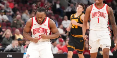 Mar 12, 2026; Chicago, IL, USA; Ohio State Buckeyes guard Bruce Thornton (2) reacts after making a three point basket against the Iowa Hawkeyes during the second half at United Center. Mandatory Credit: David Banks-Imagn Images David Banks, IMAGN IMAGES Via Reuters Connect