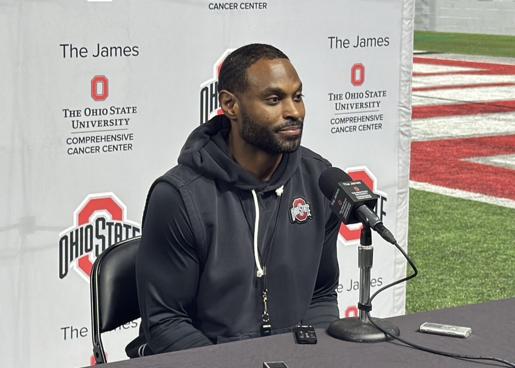 Ohio State WR coach Cortez Hankton meets with media on Saturday, march 28, 2026 | Image Credit: Blake Biscardi/The Silver Bulletin