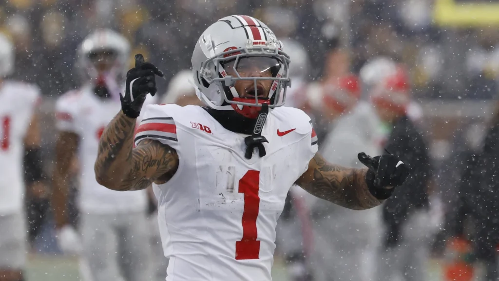 Nov 29, 2025; Ann Arbor, Michigan, USA; Ohio State Buckeyes wide receiver Brandon Inniss (1) reacts in the second half against the Michigan Wolverines at Michigan Stadium. Mandatory Credit: Rick Osentoski-Imagn Images | Rick Osentoski-Imagn Images