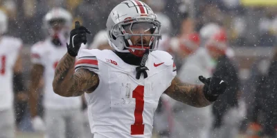 Nov 29, 2025; Ann Arbor, Michigan, USA; Ohio State Buckeyes wide receiver Brandon Inniss (1) reacts in the second half against the Michigan Wolverines at Michigan Stadium. Mandatory Credit: Rick Osentoski-Imagn Images | Rick Osentoski-Imagn Images