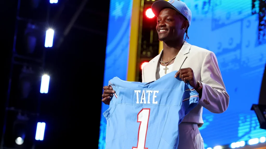 PITTSBURGH, PENNSYLVANIA – APRIL 23: Carnell Tate of Ohio State poses after being selected fourth overall pick by the Tennessee Titans during Round One of the 2026 NFL Draft at Acrisure Stadium on April 23, 2026 in Pittsburgh, Pennsylvania. (Photo by Emilee Chinn/Getty Images)