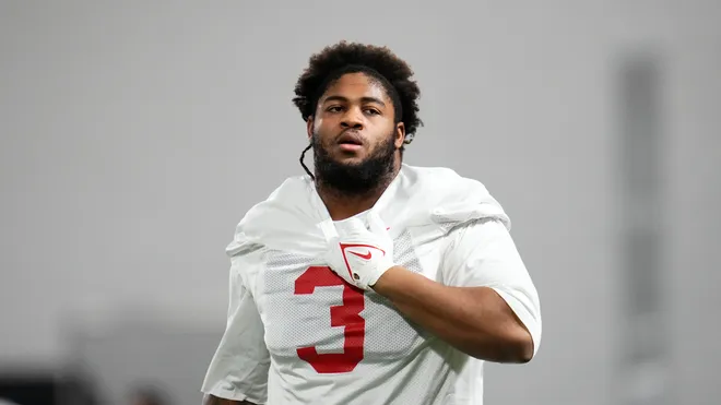 Ohio State Buckeyes defensive tackle James Smith (3) warms up during the first day of spring workouts for the 2026 football season at Woody Hayes Athletic Complex in Columbus on March 10, 2026.Adam Cairns/Columbus Dispatch