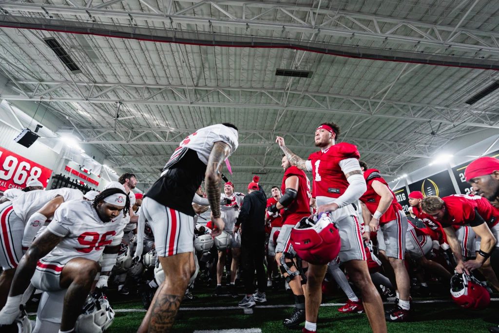 Ohio State football team huddle at spring practice | Image Credit: Ohio State Football