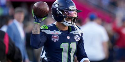 Seattle Seahawks wide receiver Jaxon Smith-Njigba warms up before the NFL Super Bowl 60 game against the New England Patriots, Sunday, Feb. 8, 2026, in Santa Clara, Calif. (AP/Lynne Sladky)