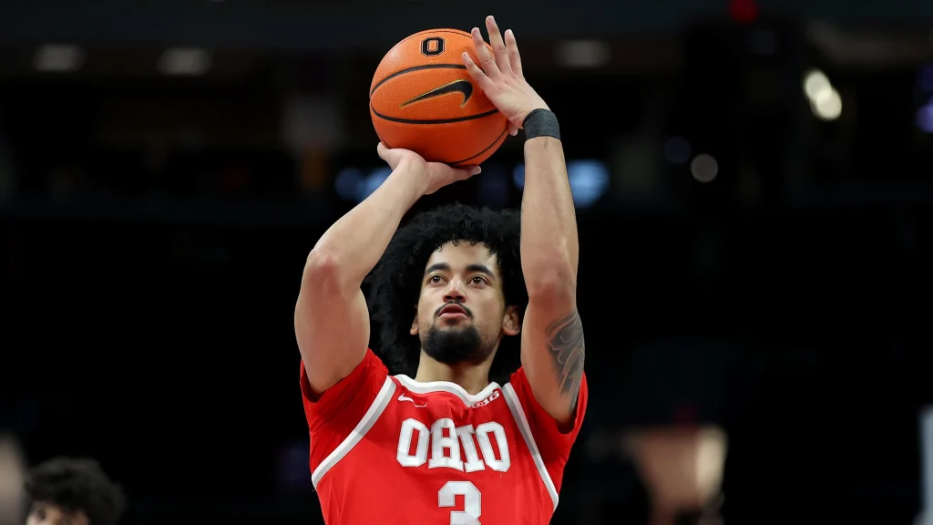 Jan 26, 2026; Columbus, Ohio, USA; Ohio State Buckeyes guard Taison Chatman (3) shoots a free throw during the second half against the Penn State Nittany Lions at Value City Arena. Mandatory Credit: Joseph Maiorana-Imagn Images | Joseph Maiorana-Imagn Images