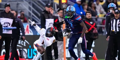 Columbus Aviators wide receiver Keke Chism (3) runs the ball past Houston Gamblers cornerback Damon Arnette (1) in the first quarter of the UFL game at Historic Crew Stadium on Friday, May 1, 2026 in Columbus, Ohio. Samantha Madar/Columbus Dispatch
