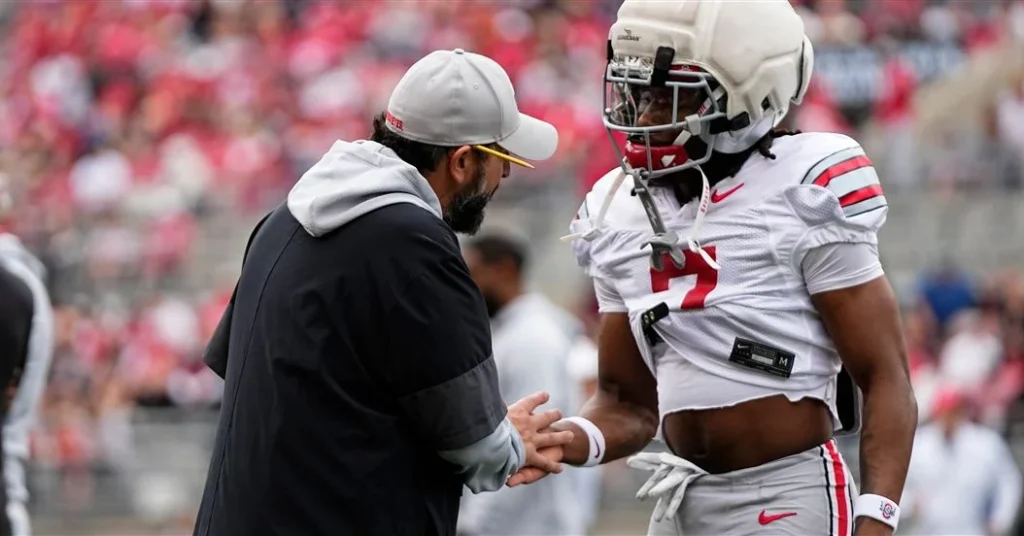 Ohio State defensive coordinator Matt Patricia talks to cornerback Jermaine Mathews Jr. during the spring game. (Photo: Adam Cairns, USA TODAY Sports)