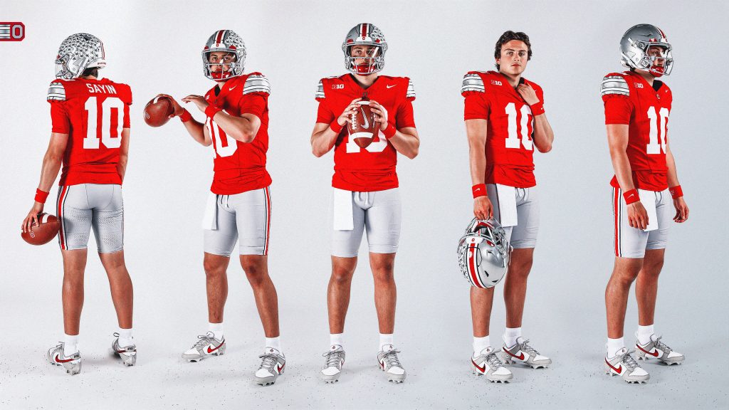 Ohio State quarterback Julian Sayin sporting new Core Home uniforms with the Buckeye Stripe | Image Credit: Ohio State Football