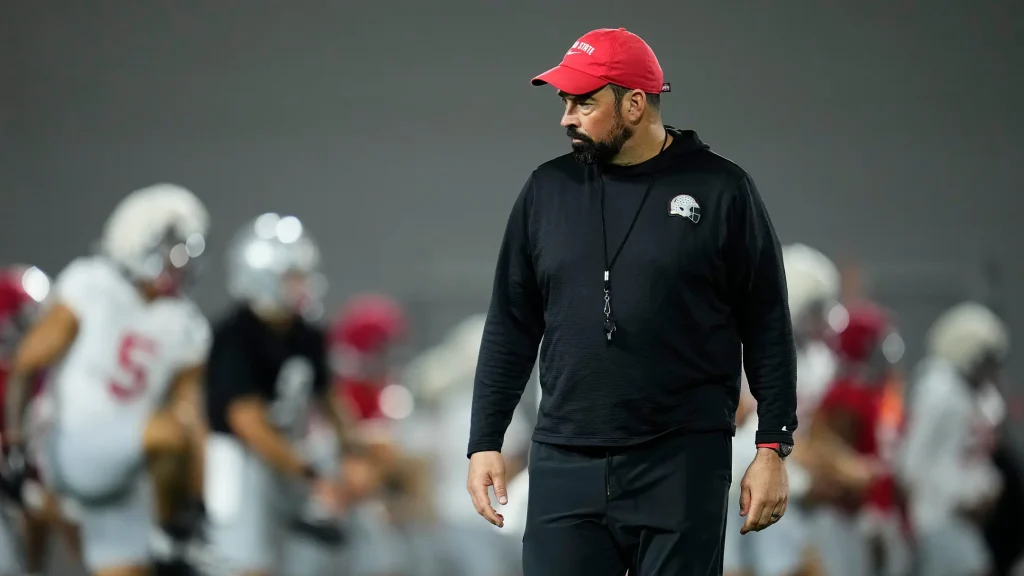 Ohio State Buckeyes head coach Ryan Day leads the first day of spring workouts for the 2026 football season at Woody Hayes Athletic Complex in Columbus on March 10, 2026.z | Adam Cairns/Columbus Dispatch / USA TODAY NETWORK via Imagn Images