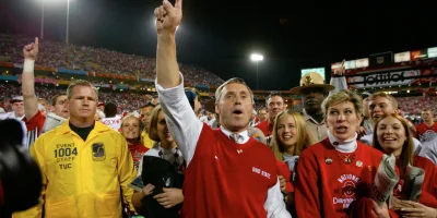 Ohio State's head football coach Jim Tressel celebrates after Ohio State beat the Miami Hurricanes in double overtime 31-24 at the BCS National Football Championships at the Sun Devil Stadium in Tempe, Arizona, Jan. 3, 2003. Fred Squillante, COLUMBUS DISPATCH