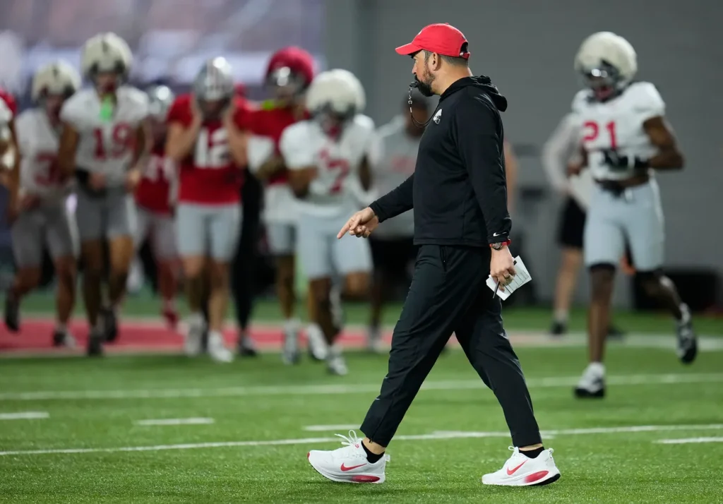 Ohio State Buckeyes head coach Ryan Day leads the first day of spring workouts for the 2026 football season at Woody Hayes Athletic Complex in Columbus on March 10, 2026. Adam Cairns/Columbus Dispatch, Adam Cairns/Columbus Dispatch / USA TODAY NETWORK Via Imagn Images