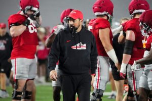 Ohio State Buckeyes head coach Ryan Day watches during Student Appreciation Day spring practice at the Woody Hayes Athletic Center on April 4, 2026. - Brandon Little, AtoZSPORTS