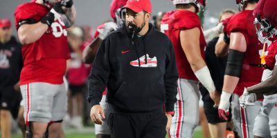 Ohio State Buckeyes head coach Ryan Day watches during Student Appreciation Day spring practice at the Woody Hayes Athletic Center on April 4, 2026. - Brandon Little, AZSPORTS