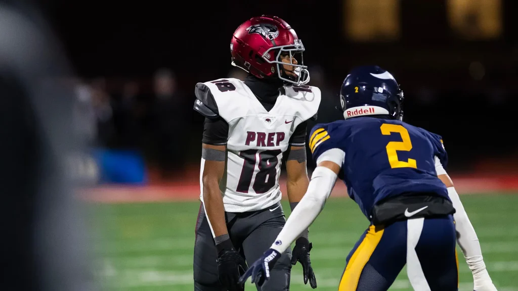 Central Catholic cornerback Xxavier Thomas (2) lines up across from St. Joseph's Prep wide receiver Jett Harrison in the first half of the PIAA Class 6A football championship game at Cumberland Valley High School, Saturday, Dec. 7, 2024, in Silver Spring Township, Pa. | Dan Rainville / USA TODAY NETWORK via Imagn Images