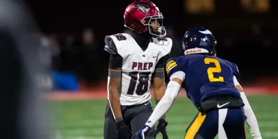 Central Catholic cornerback Xxavier Thomas (2) lines up across from St. Joseph's Prep wide receiver Jett Harrison in the first half of the PIAA Class 6A football championship game at Cumberland Valley High School, Saturday, Dec. 7, 2024, in Silver Spring Township, Pa. | Dan Rainville / USA TODAY NETWORK via Imagn Images